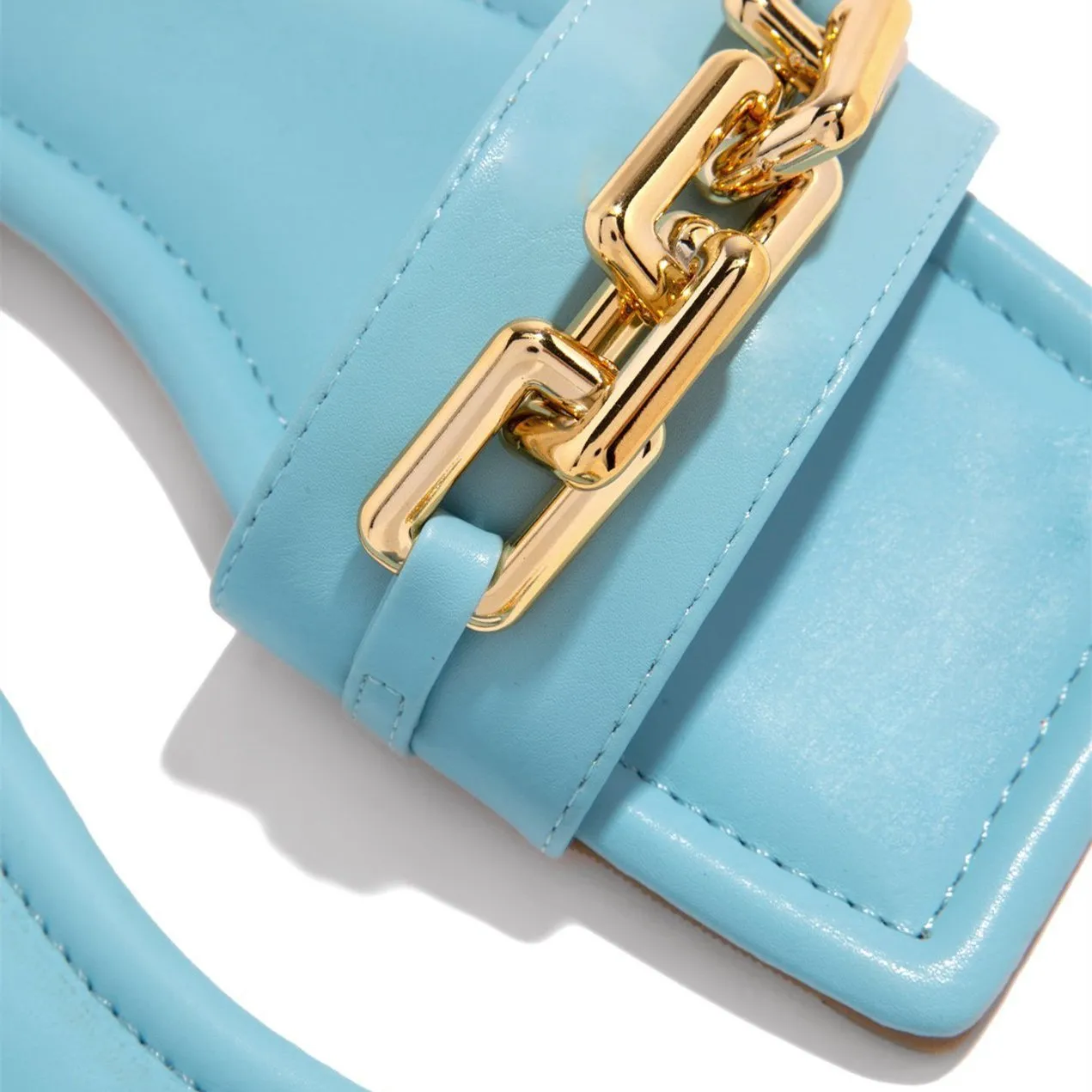 Women square peep toe chain decor flat slide sandals