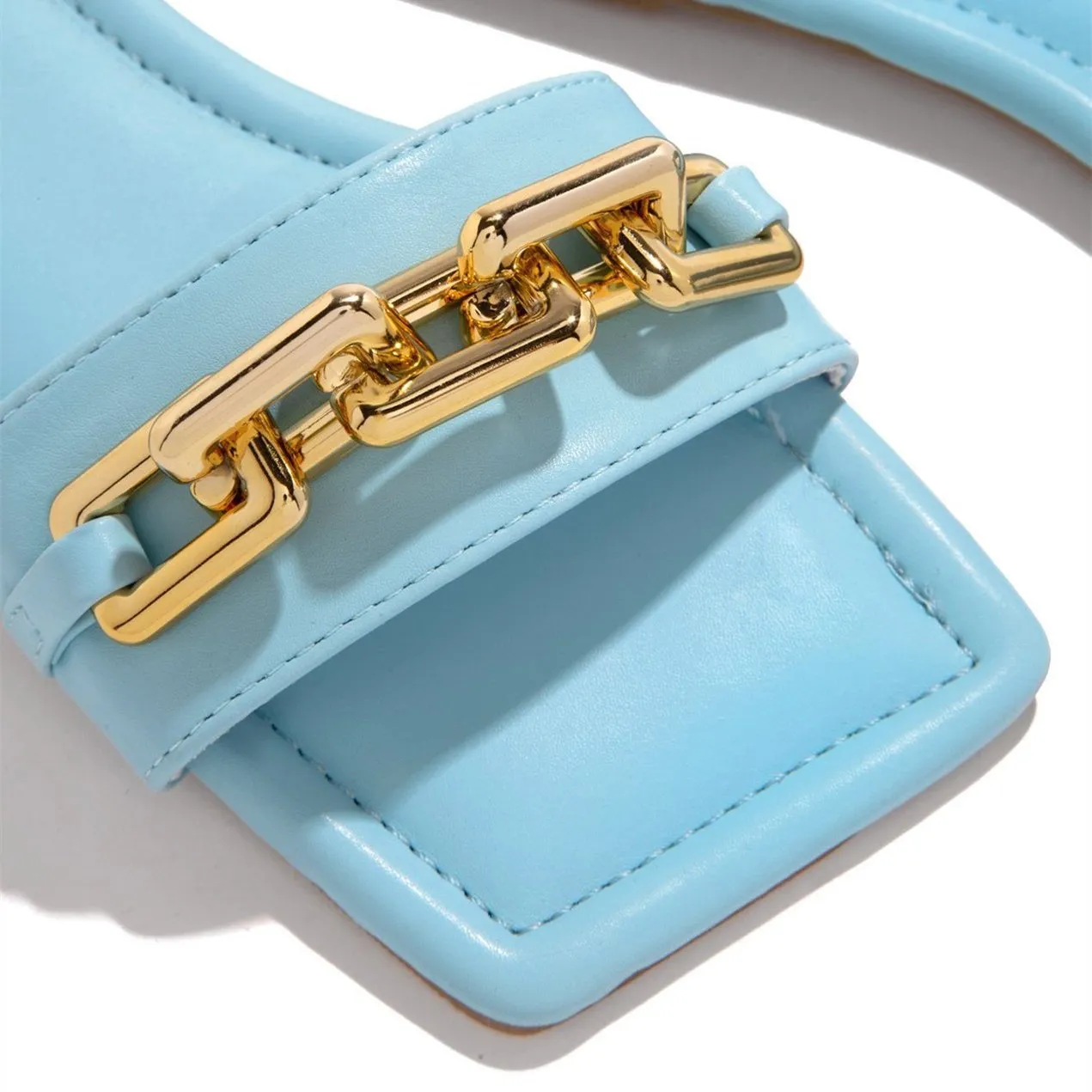 Women square peep toe chain decor flat slide sandals