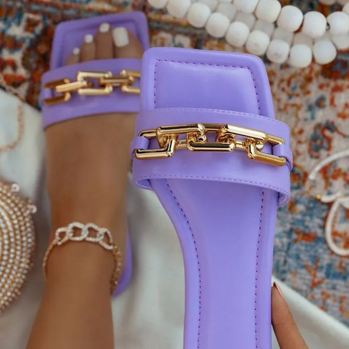 Women square peep toe chain decor flat slide sandals
