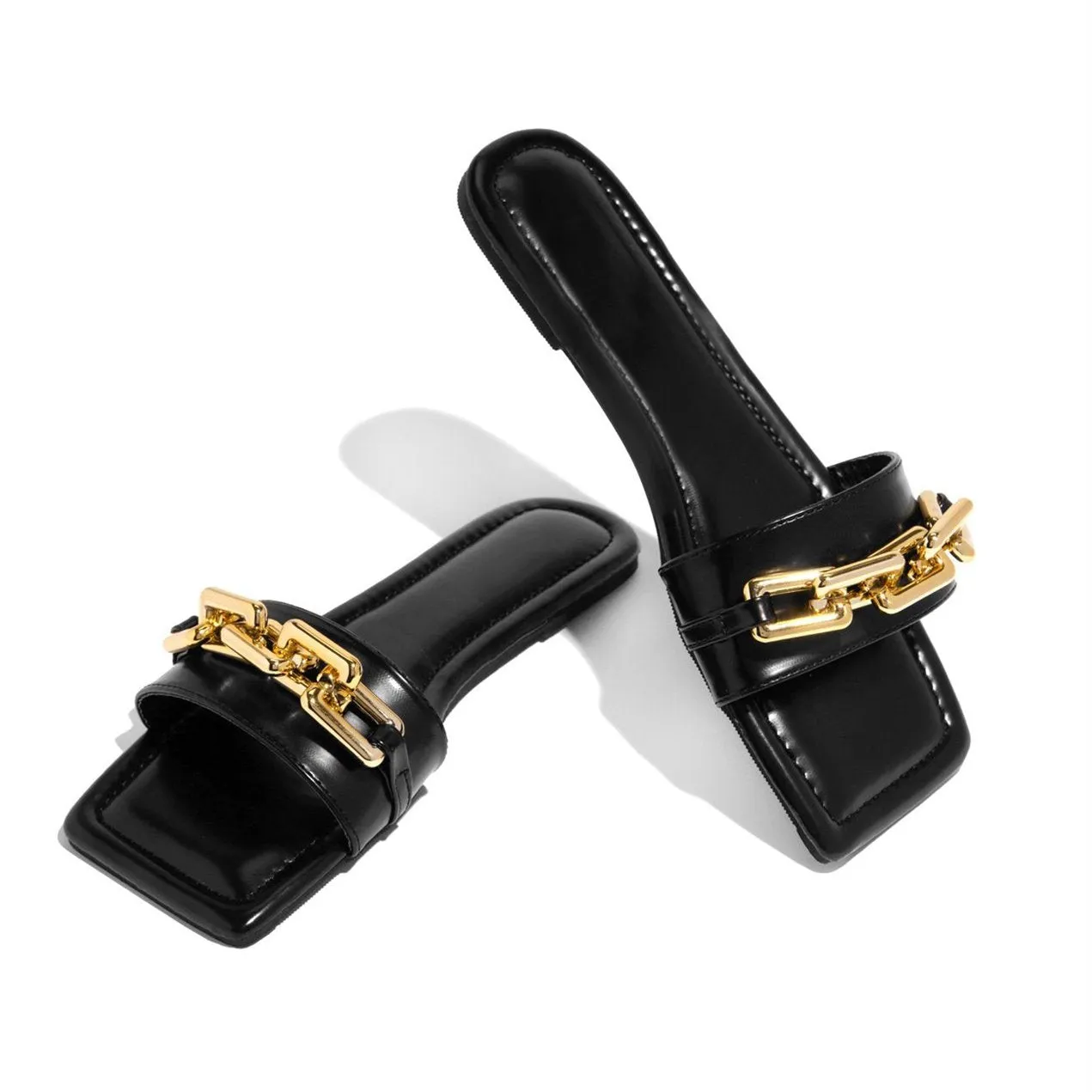 Women square peep toe chain decor flat slide sandals