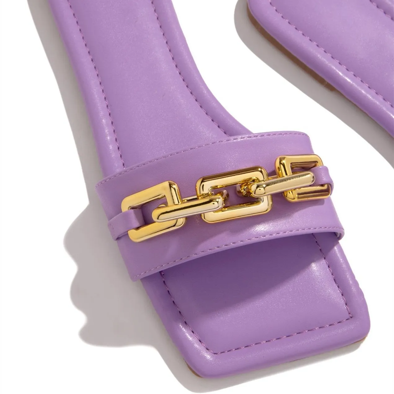 Women square peep toe chain decor flat slide sandals