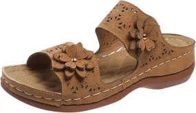 Womens Comfortable Sandals Hollow Out Non Slip Wedge Sandals Open Toe Vintage Leather Walking Shoes for Women Fashion Flower Walking Shoes Oceanside Holiday Outdoor