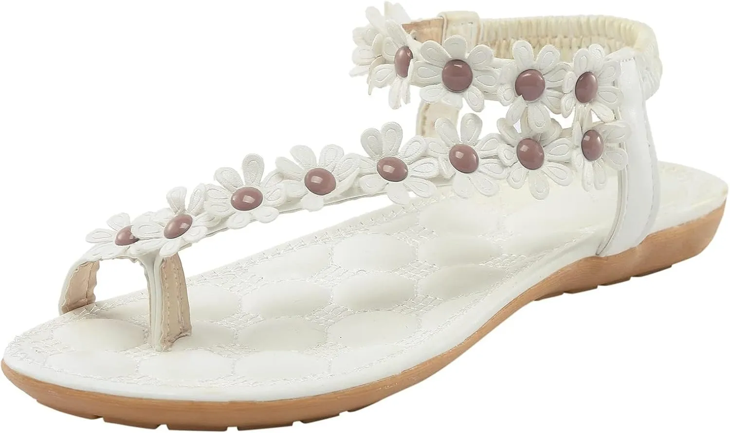 Women's Flat Sandals Dressy Summer Comfortable Flip Flops Elegant Flower Decor Thong Sandals Ladies Cute Summer Beach Shoes Adjustable Back Ankle Strap Casual Summer Shoes