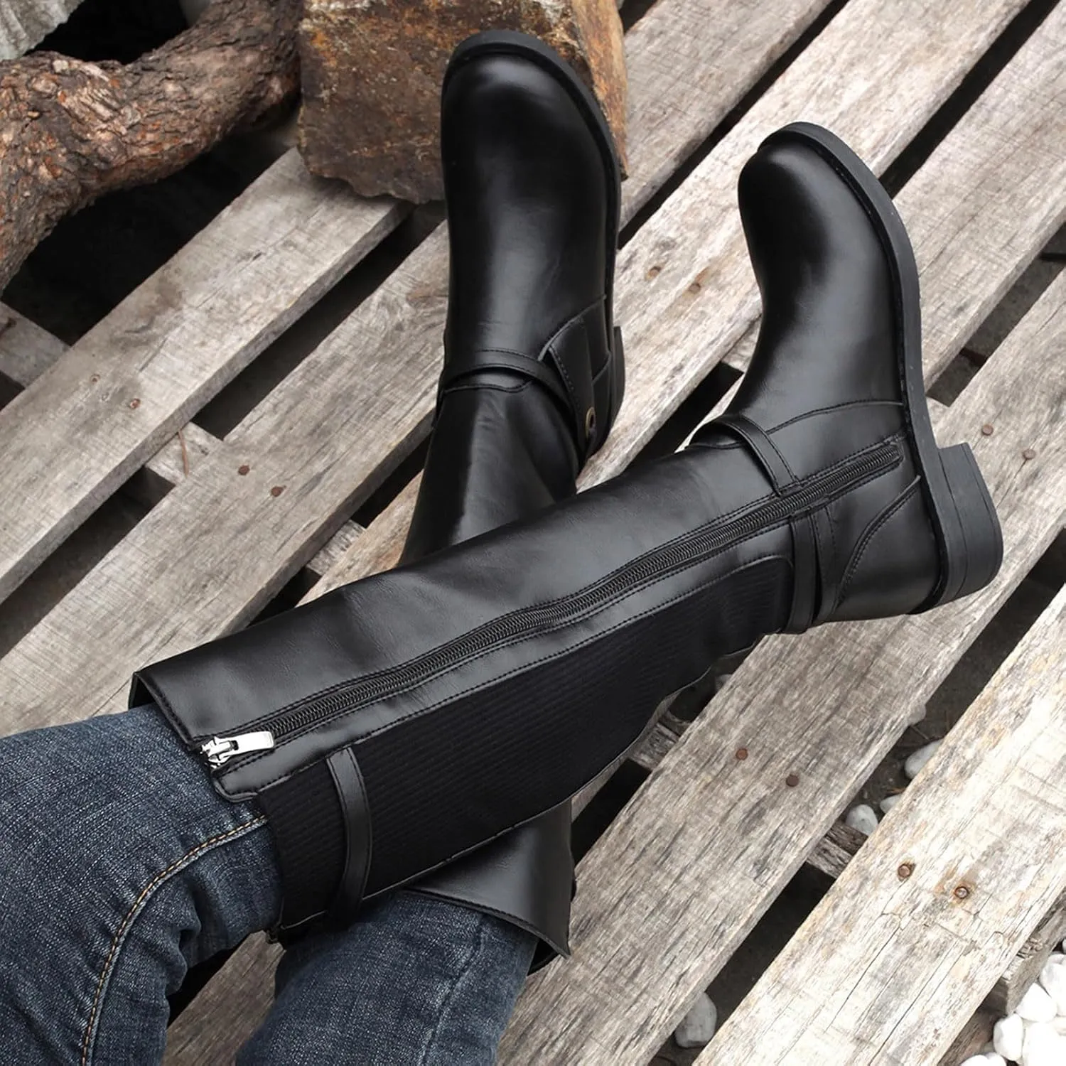 Women's Knee High Boots, Fall Boots for Women 2024 Trendy Side Zipper Chunky Block Heel Combat Booties Riding Boot