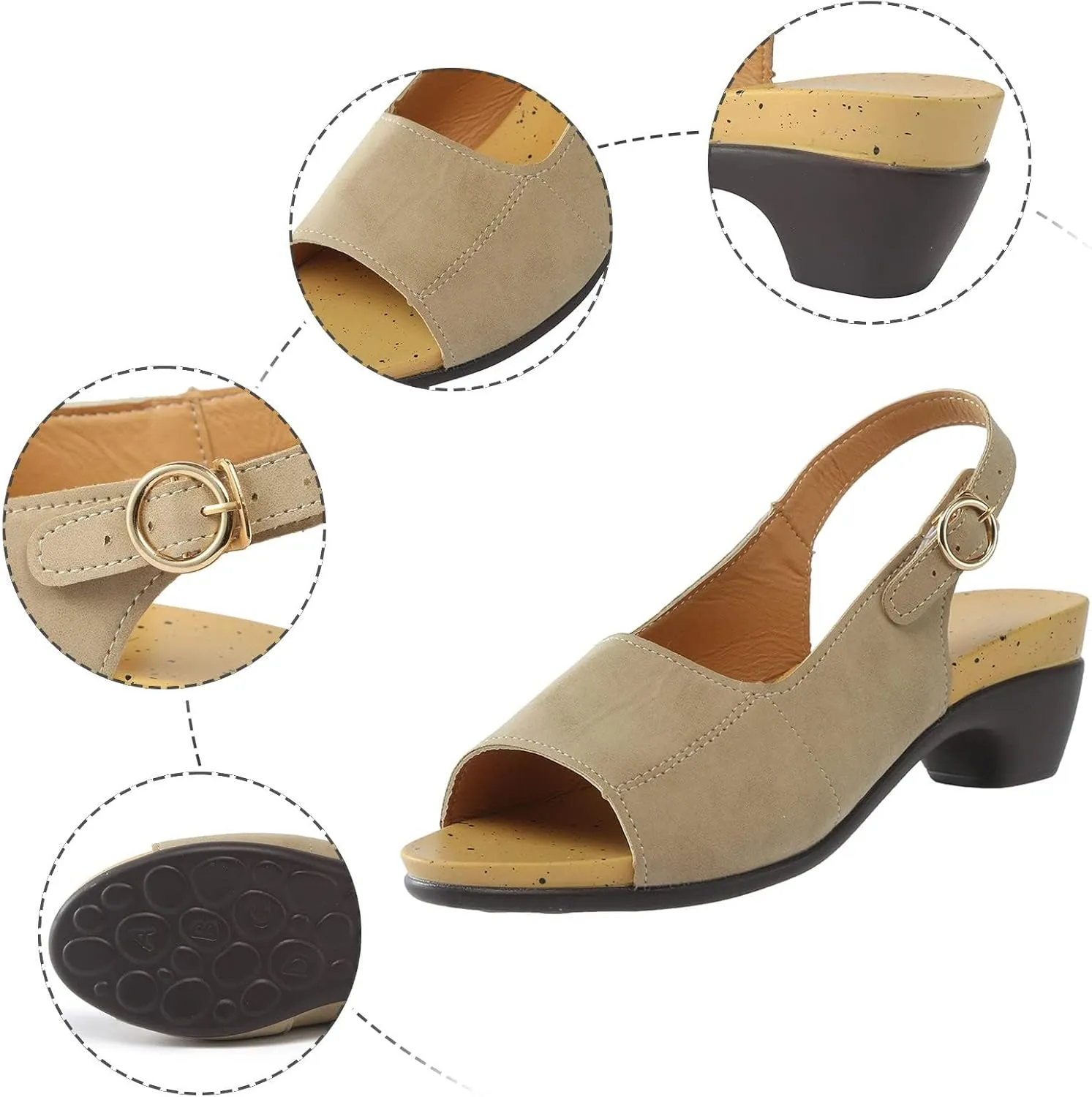Womens Orthopedic Sandals Fashion Low Heel Wedge Sandals Lightweight Non Slip On Sandal Ladies Fashion Elegant Dance Shoes with Strappy Ankle Strap Metal Buckle