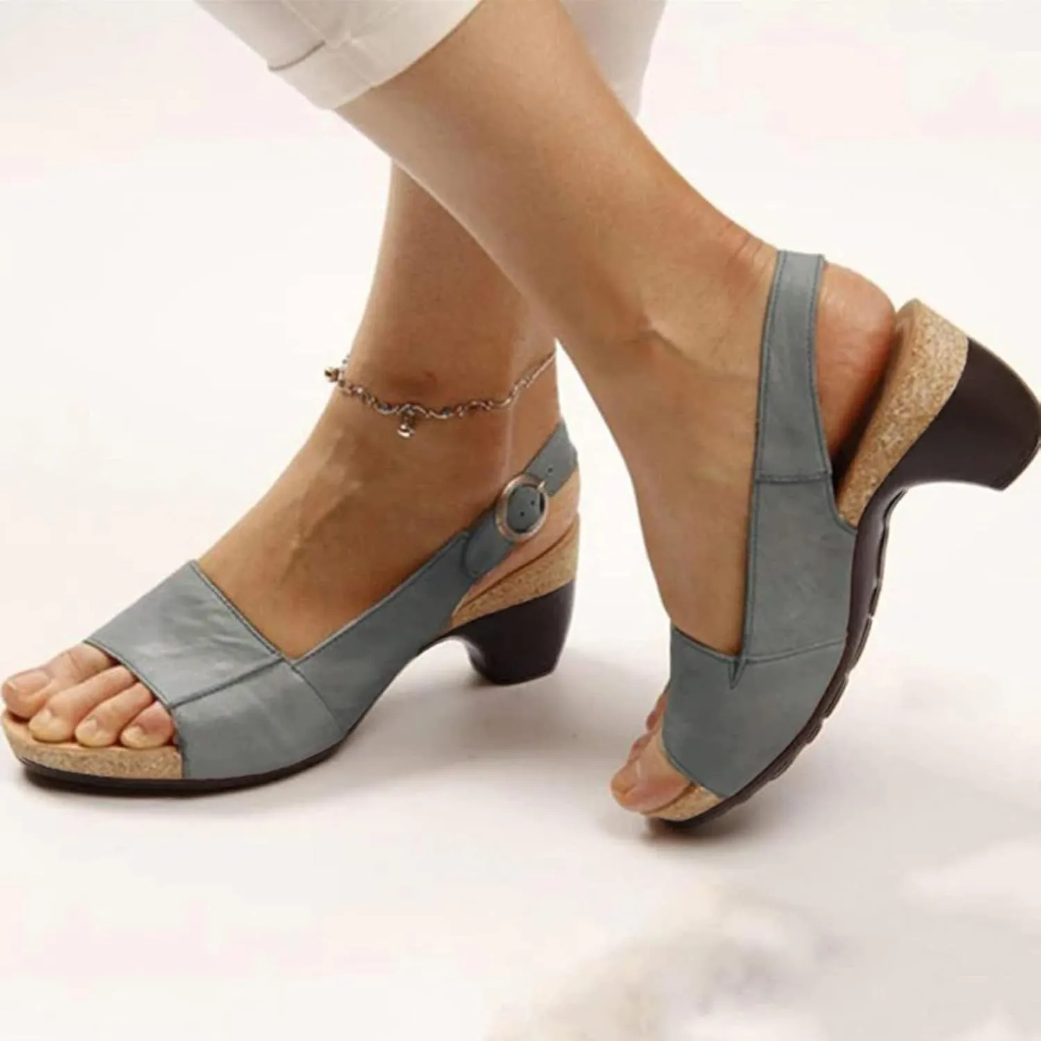 Womens Orthopedic Sandals Fashion Low Heel Wedge Sandals Lightweight Non Slip On Sandal Ladies Fashion Elegant Dance Shoes with Strappy Ankle Strap Metal Buckle