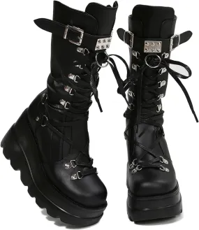 Womens Platform Knee High Boots Chunky Heel Zipper Round Toe Fashion Motorcycle Punk Goth Boots Mid Calf Combat Boots